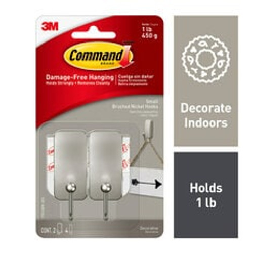 Command™ Small Brushed Nickel Hooks 17033BN-2ES, 2 hooks, 4 strips
