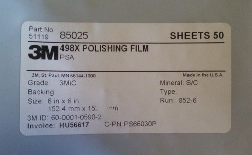 7100091357 3M Polishing Film 498X, 3.0 Micron, PSA, Sheet, Configurable