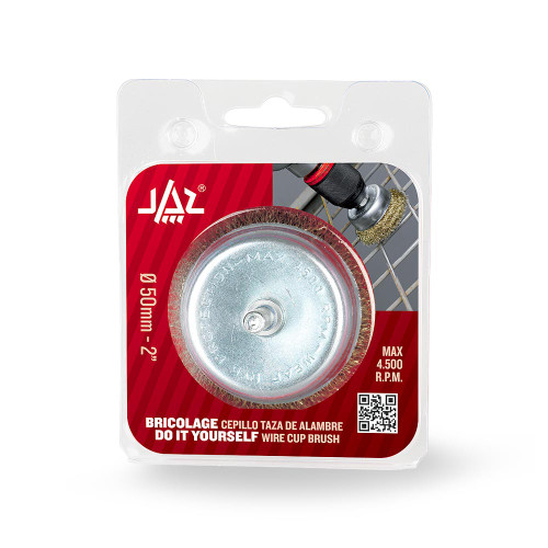 JAZ 92411 2" DIY Stem Mounted Crimped Wire Cup Brush, .008" Steel (Fine), 1/4" Shank, Clamshell Package