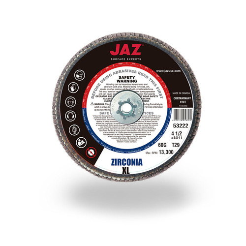 JAZ 52201 Type 27 XL Density Flap Disc, 4-1/2" x 7/8" A.H., 36 Grit Zirconia, Bulk Package