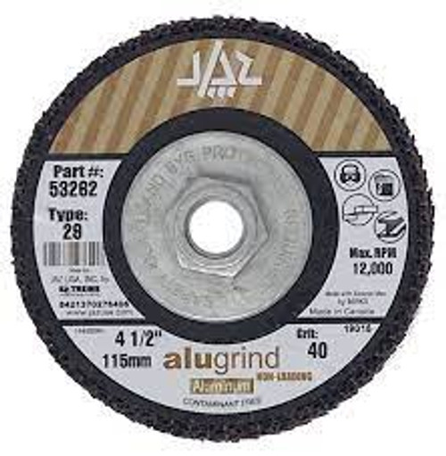 JAZ 53262 ALUGRIND Type 29 Standard Density Flap Disc, 4-1/2" x 5/8"-11 Thread, 40 Grit Alugrind, Bulk Package