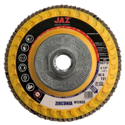 JAZ 55712 Type 27 Standard Density Trimmable Backing Flap Disc 4-1/2" x 5/8"-11 EZ-Spin Thread, 40 Grit Wicked Zirconia, Bulk Package