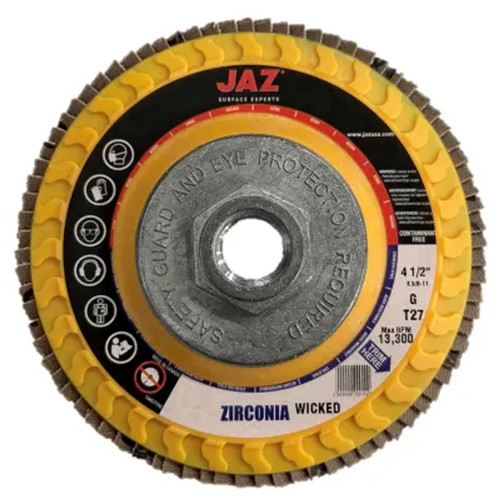JAZ 55732 Type 27 Standard Density Trimmable Backing Flap Disc 4-1/2" x 5/8"-11 EZ-Spin Thread, 80 Grit Wicked Zirconia, Bulk Package