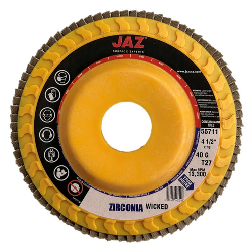 JAZ 57711 Type 29 Standard Density Trimmable Backing Flap Disc 4-1/2" x 7/8" A.H., 40 Grit Wicked Zirconia, Bulk Package