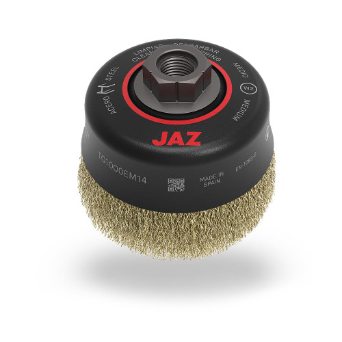 JAZ 73090 3" Crimped Wire Cup Brush, .012" Brass, 5/8"-11 & M14 x 2.0 Thread, Clamshell Package