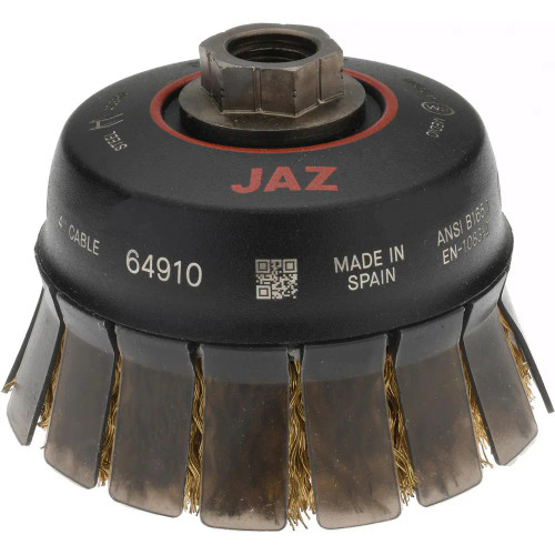 JAZ 64910 4" Cable-Crimped Wire Cup Brush, w/Protective Guard, 12x.009" Steel, 5/8"-11 & M14 x 2.0 Thread, Display Package