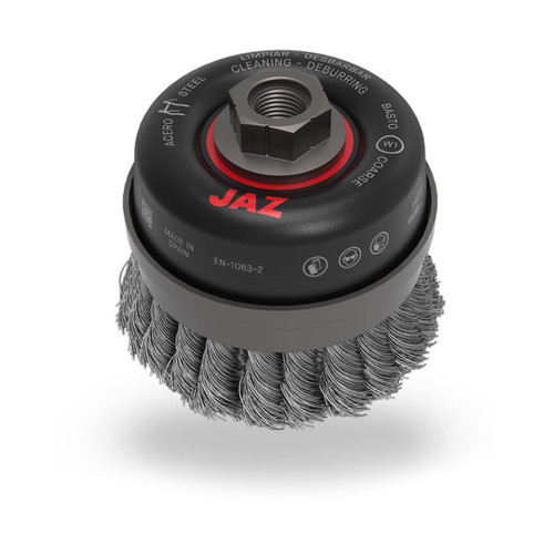JAZ 54252 4" Twist Knot Wire Cup Brush, Double Row, w/Metal Ring,.020" Steel, 5/8"-11 Thread, Display Package
