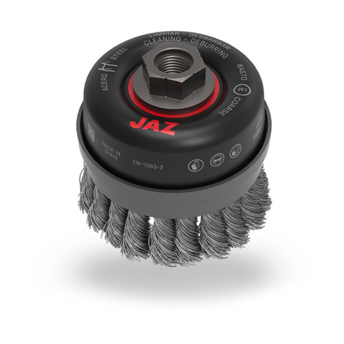 JAZ 54082 4" Twist Knot Wire Cup Brush, w/Metal Ring, .020" Stainless Steel, 5/8"-11 Thread, Display Package