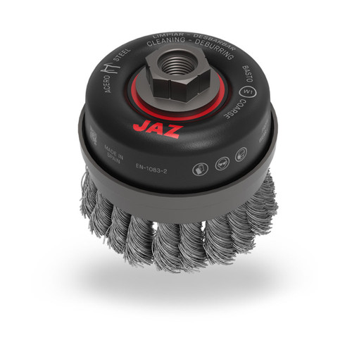 JAZ 55062 5" Twist Knot Wire Cup Brush, w/Metal Ring, .015" Steel, 5/8"-11 Thread, Display Package