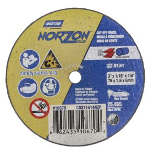 Norton 66243510670 3 x 1/16 x 1/4 In. NorZon Plus Cut-Off Wheel 5SGZ 36 T T01/41