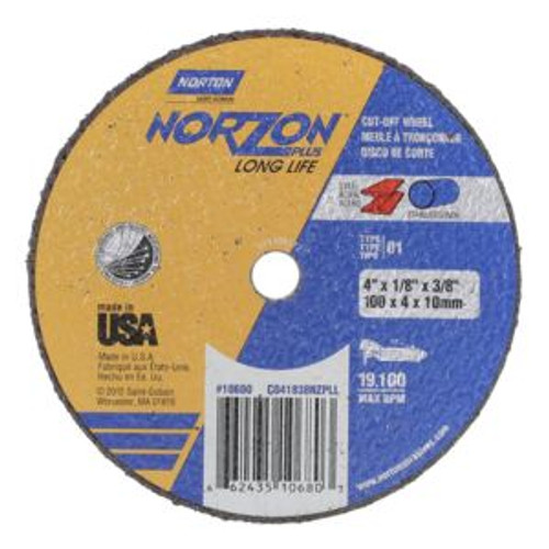 Norton 66243510680 4 x 1/8 x 3/8 In. NorZon Plus Cut-Off Wheel SGZ 36 Y T01/41