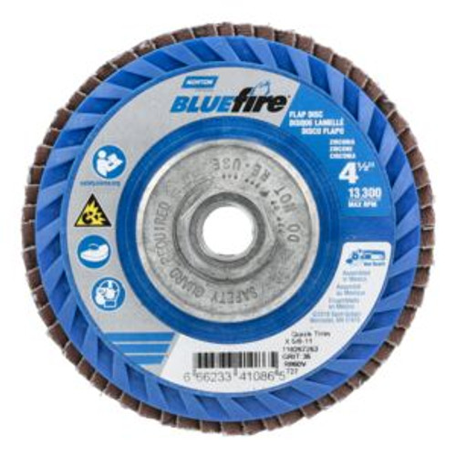 Norton 66623341086 4-1/2 x 5/8-11 In. BlueFire Plastic Flat Flap Disc T27 P36 Grit R860 ZA