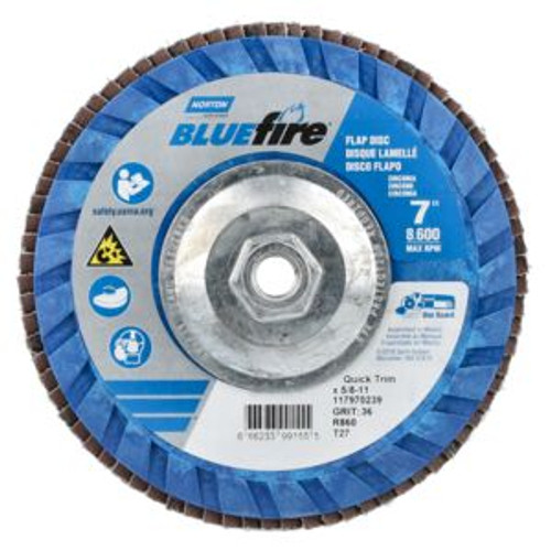 Norton 66623399155 7 x 5/8-11 In. BlueFire Plastic Flat Flap Disc T27 P36 Grit R860 ZA