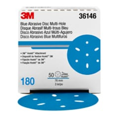3M Hookit Blue Abrasive Disc 321U, 36146, 3", 180, Multi-hole, 50 Discs per carton, 4 Cartons per case