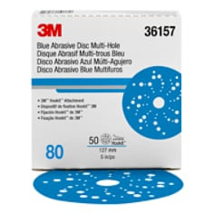 3M Hookit Blue Abrasive Disc 321U, 36157, 5", 80, Multi-hole, 50 Discs per carton, 4 Cartons per case