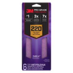 3M Pro Grade Precision Faster Sanding Sheets w/NO-SLIP GRIP Backing,SHTR220-PGP-6T,3 2/3" x 9", 220 Gr, 6 Shts per pack