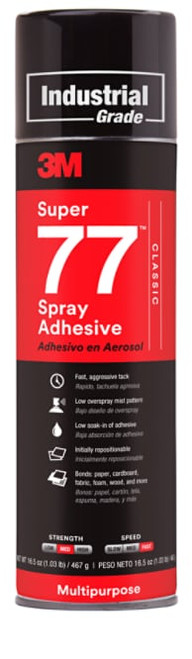 3M Super 77 Classic Spray Adhesive, Clear, 24 fl oz Can (Net Wt 16.5 oz), 12 per case, NOT FOR SALe CA AND OTHER STATES