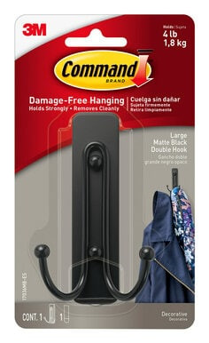 Command Large Matte Black Double Hook 17036MB-ES, 1 Hook, 1 Strip