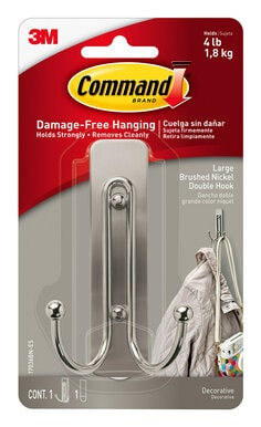 Command Large Brushed Nickel Double Hook, 17036BN-ES, 1 Hook, 1 Strip