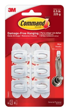 Command Mini White Hooks with White Strips 17006ES-D, 6 Hooks, 8 Strips per packk