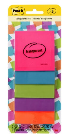 Post-it Transparent Notes 600-5COL, 2-7/8" x 2-7/8" (73 mm x 73 mm) 36 Sheet, 5 pack