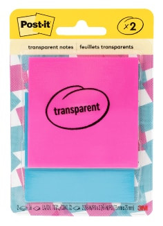 Post-it Transparent Notes 600-2COL, Pink, Blue, 2 7/8 x 2 7/8", 24 Pack per case