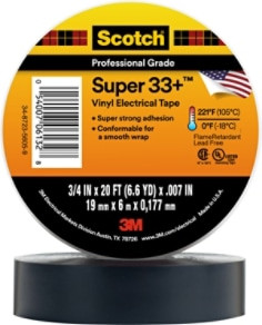 Scotch Super 33+ Vinyl Electrical Tape, 3/4" x 20 ft, Black, 10 rolls per carton, 100 rolls per case
