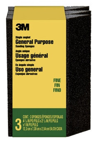 3M™ General Purpose Sanding Sponge CP040-3PK, Single Angle, 2 7/8 in x 4 7/8 in x 1 in, Fine, 3/pk, 6 pks/cs