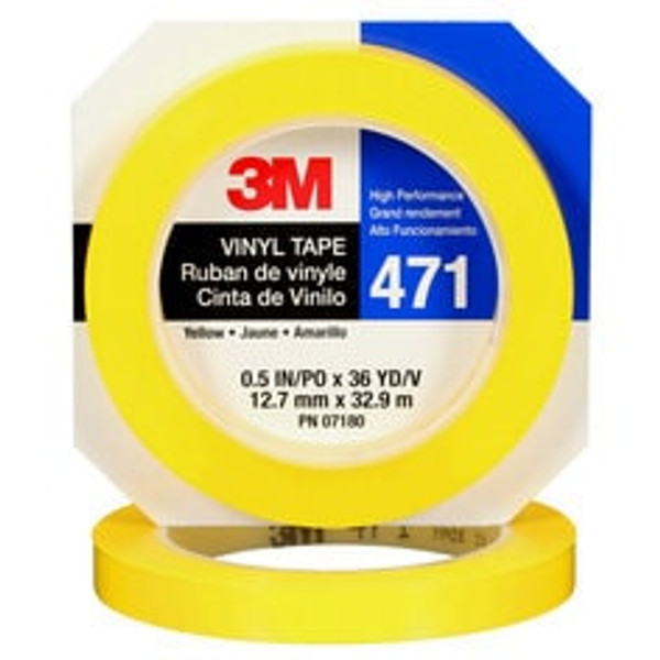3M™ Vinyl Tape 471, Yellow, 1/2 in x 36 yd, 5.2 mil, 72 Roll/Case, Heat
Treated, Individually Wrapped Conveniently Packaged