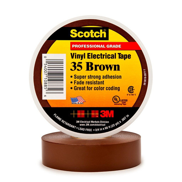 7000132638 Scotch Vinyl Color Coding Electrical Tape 35, 1/2 in x 20 ft, Brown, 10rolls/carton, 100 rolls/Case