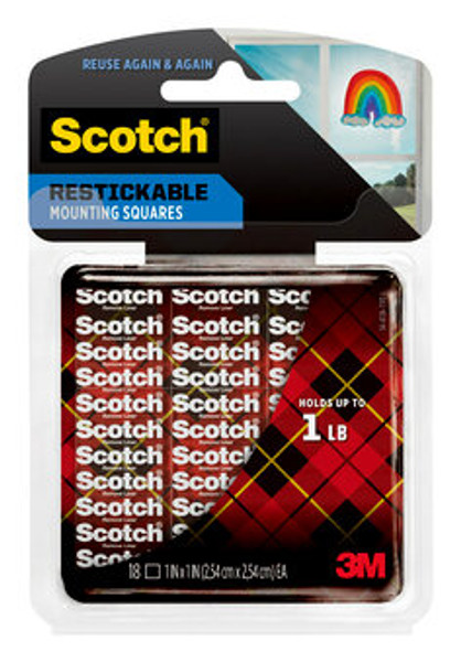 Scotch® Restickable Mounting Squares R100S, 1 in x 1 in (2.54 cm x 2.54 cm) 18/pk