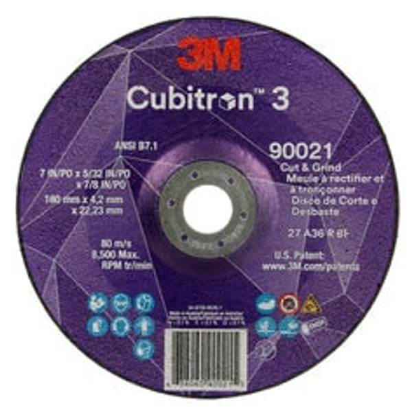 3M™ Cubitron™ 3 Cut and Grind Wheel, 90021, 36+, T27, 7 in x 5/32 in x 7/8 in (180 x 4.2 x 22.23 mm), ANSI, 10/Pack, 20 ea/Case