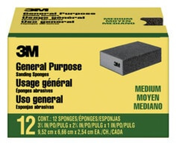 3M™ General Purpose Sanding Sponge CP002-12P, Block, 3 3/4 in x 2 5/8 in x 1 in, Medium, 12/pk, 4 pks/cs
