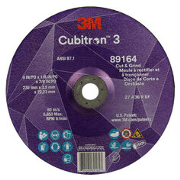 3M™ Cubitron™ 3 Cut and Grind Wheel, 89164, 36+, T27, 9 in x 1/8 in x 7/8 in (230 x 3.2 x 22.23 mm), ANSI, 10/Pack, 20 ea/Case