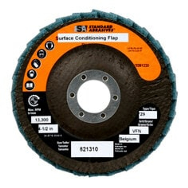 Standard Abrasives™ Surface Conditioning Flap Disc, 821310, 4-1/2 in x
7/8 in VFN, 5/Carton, 50 ea/Case