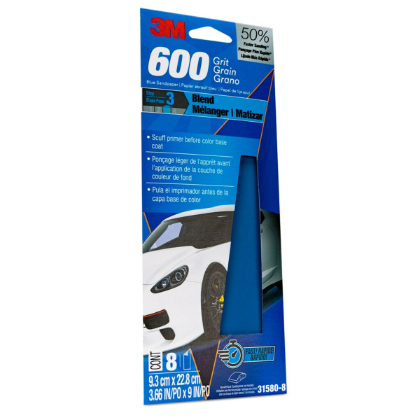 7100281944 3M Blue Sandpaper 31580-8, 3 2/3 in X 9 in, 600 G, 8 Sheet/Pack, 20 Pack/Case