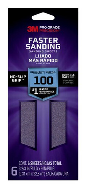 3M™ Pro Grade Precision™ Faster Sanding Sanding Sheets 127100PGP-6, 3 2/3 in x 9 in, 100 grit, Medium, 6/pk