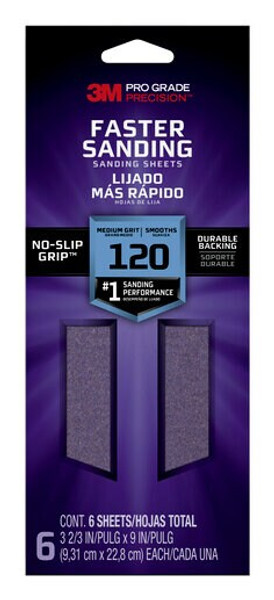 3M™ Pro Grade Precision™ Faster Sanding Sanding Sheets 127120PGP-6, 3 2/3 in x 9 in, 120 grit, Medium, 6/pk