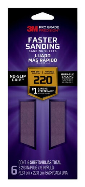 3M™ Pro Grade Precision™ Faster Sanding Sanding Sheets 127220PGP-6, 3 2/3 in x 9 in, 220 grit, Fine, 6/pk
