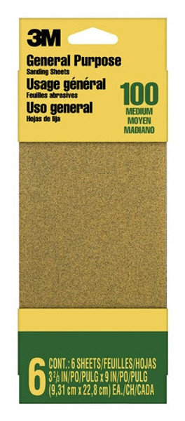 3M™ General Purpose Sanding Sheets 9016NA-CC, 3 2/3 in x 9 in, Medium grit, 6/pk, 20 pks/cs