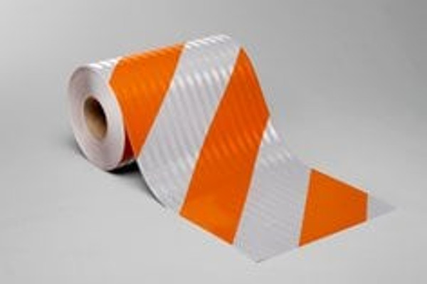 3M™ Flexible Prismatic Reflective Barricade Sheeting 3334R Orange/White,
4 in stripe/right, 12 in x 50 yd