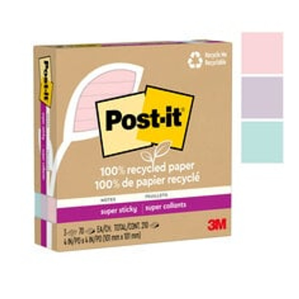 Post-it® Super Sticky Recycled Notes 675R-3SSNRP, 4 in x 4 in (101 mm x 101 mm)