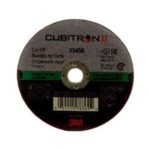 3M™ Cubitron™ II Cut-Off Wheel, 33456, 75 mm x 1 mm x 9.53 mm (3 in x .04 in x 3/8 in), 5 wheels per carton, 6 cartons per case