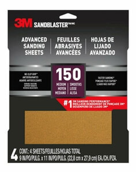 3M™ SandBlaster™ Advanced Sanding Sheets w/ NO-SLIP GRIP™ Backing 20150-G-4, 9 in x 11 in, 150 Grit, 4 Shts/pk