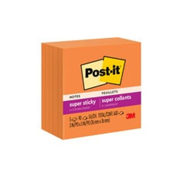 Post-it® Super Sticky Notes 654-5SSNO, 3 in x 3 in (76 mm x 76 mm), Neon Orange