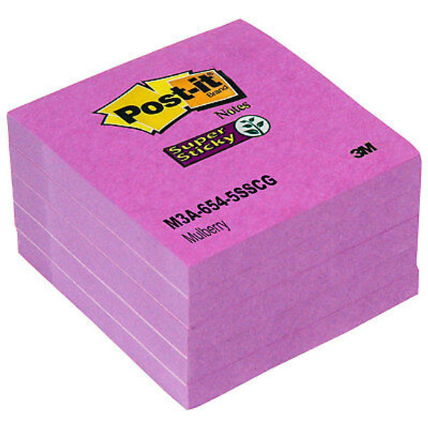 7100309958 Post-it Super Sticky Notes 654-5SSCG, 3 in x 3 in (76 mm x 76 mm), Mulberry