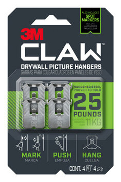 3M CLAW™ Drywall Picture Hanger 25 lb with Temporary Spot Marker 3PH25M-4ES-ALT, 4 hangers, 4 markers