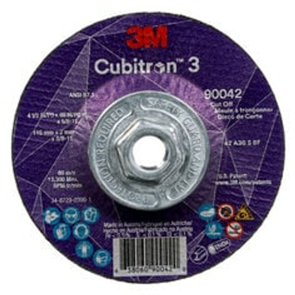 3M™ Cubitron™ 3 Cut-Off Wheel, 90042, 36+, T27, 4-1/2 in x 0.09 in x 5/8
in-11 (115 x 2 mm x 5/8-11 in), ANSI, 10 ea/Case