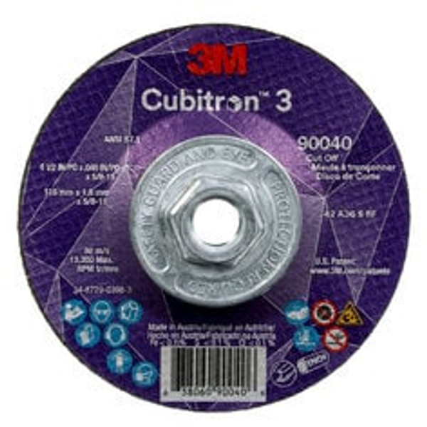 3M™ Cubitron™ 3 Cut-Off Wheel, 90040, 36+, T27, 4-1/2 in x 0.045 in x
5/8 in-11 (115 x 1.6 mm x 5/8-11 in), ANSI, 10 ea/Case