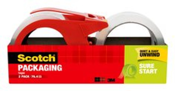 Scotch® Sure Start Packaging Tape 3450S-21RD-3GC, 1.88 in x 38.2 yd (48 mm x 35 m), 2 rolls and 1 dispenser
